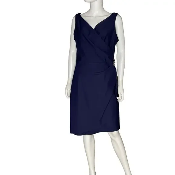 Alex Evenings Compression Embellished Ruched Sheath Dress Navy Women's Sz 14